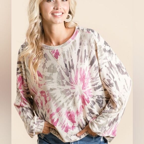BiBi Tie Dye Print Terry Pull Over Women's Tie-Dye Long Sleeve Top sz Medium - Picture 7 of 9